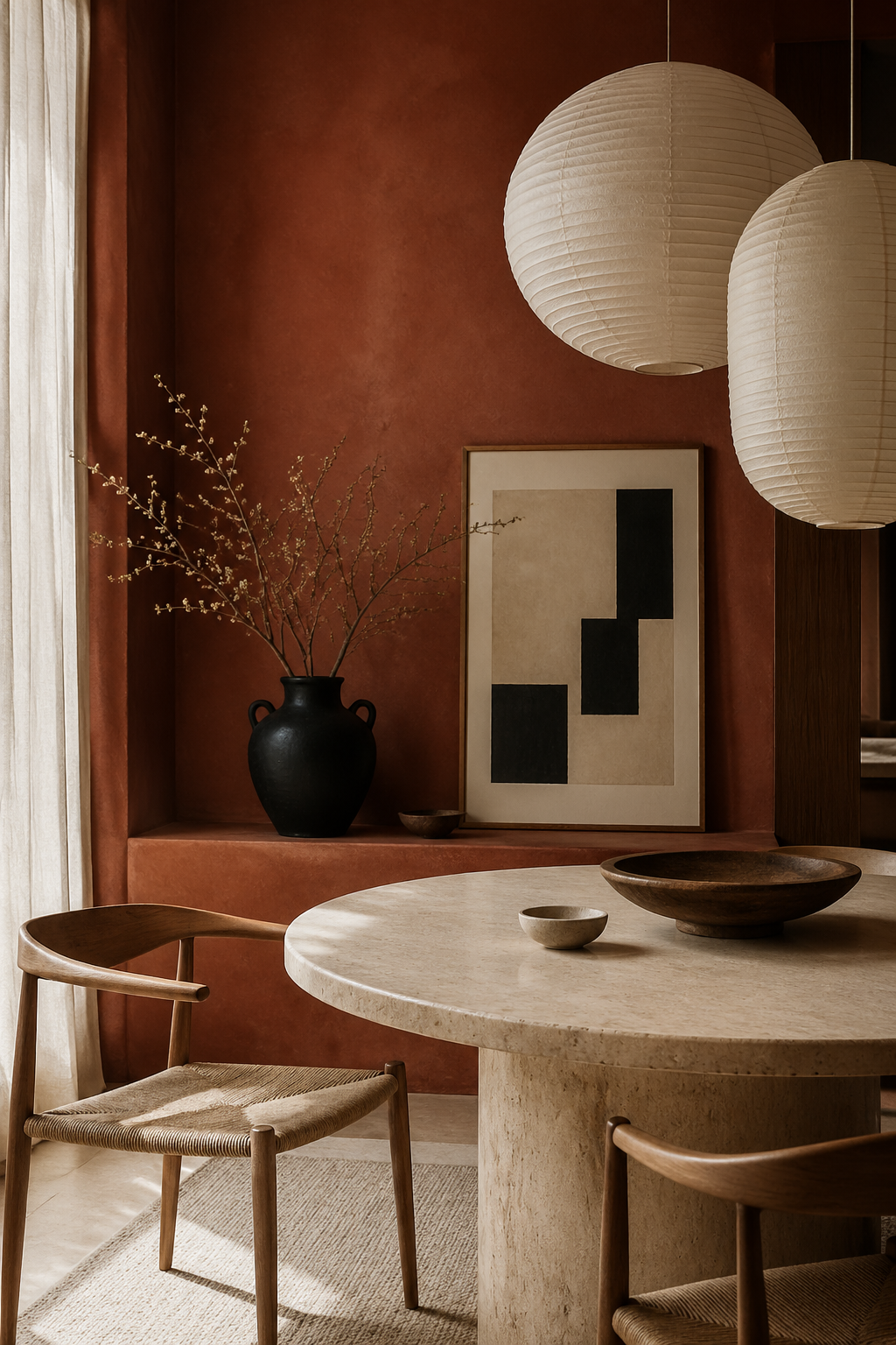 Terracotta dining vignette with paper lanterns, abstract art, and a black vessel.