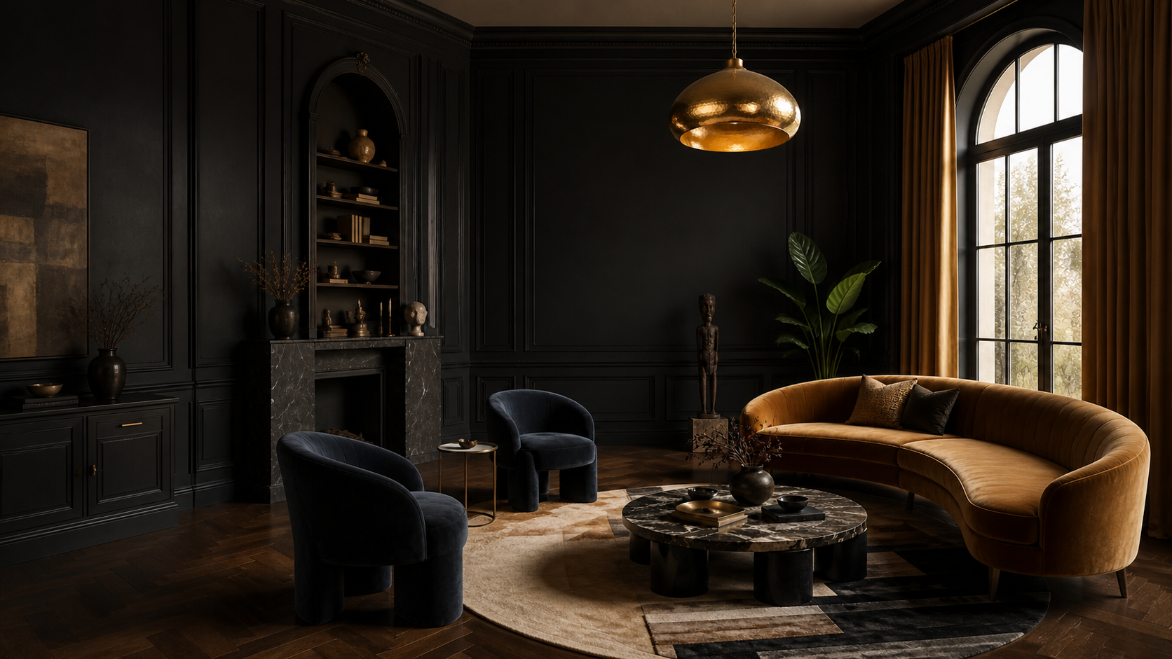 Luxury editorial interior with ochre velvet seating and a brass pendant light.